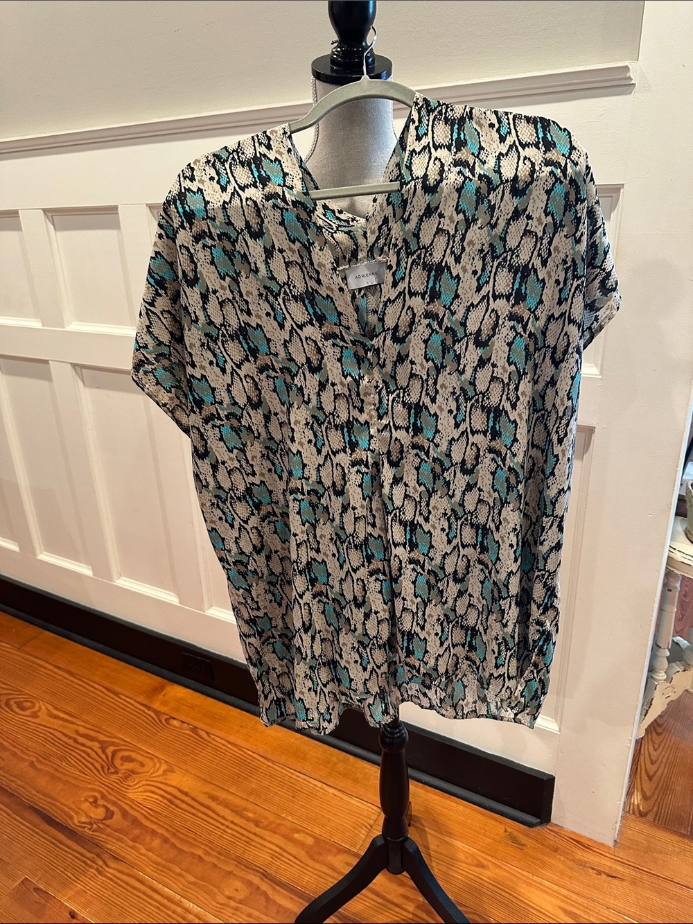 Adrienne Teal Black Cream Snake-Print Button Blouse